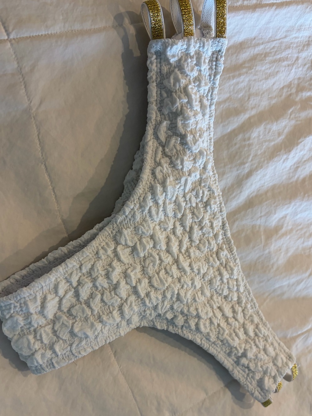 White Textured women’s Bikini Bottom with Gold Accent Straps - Picture 2 of 8
